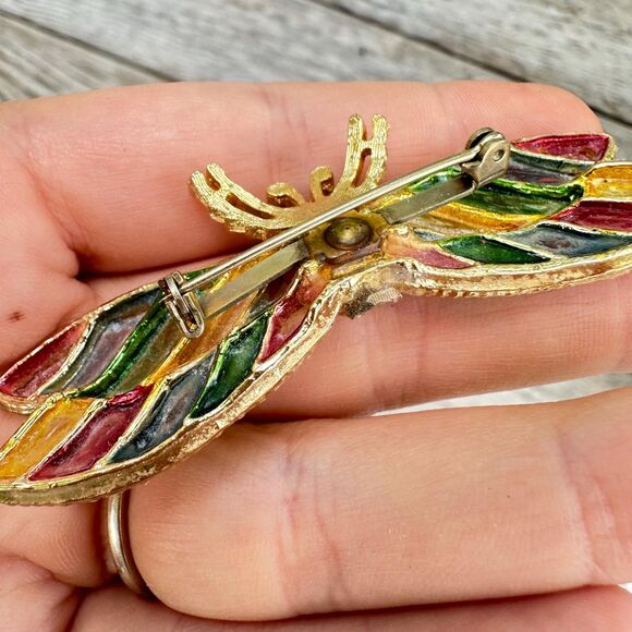 Vintage Jewelry Mosaic Insect Wing Brooch Cloisonné Flying Bug Winged Insect Pin - Picture 6 of 6